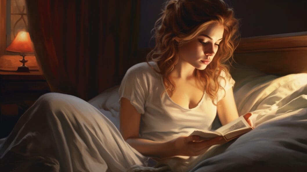 A woman in her 20s reading a book in bed and wearing a white tshirt